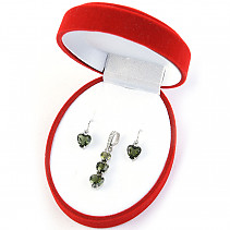 Gift set of jewelery with moldavite and garnet hearts standard Ag 925/1000 + Rh