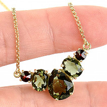Vltavín a granáty náhrdelník 50cm standard brus zlato Au 585/1000 14K 7.71g