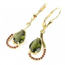 Earrings with moldavites and garnets drops gold Au 585/1000 14K 4.11g