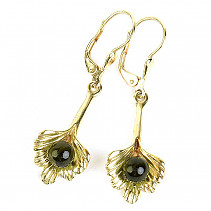 Gold earrings with moldavite on flower Au 585/1000 14K