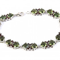Luxury bracelet of moldavite and garnets 20cm standard Ag 925/1000 + Rh 18,21g