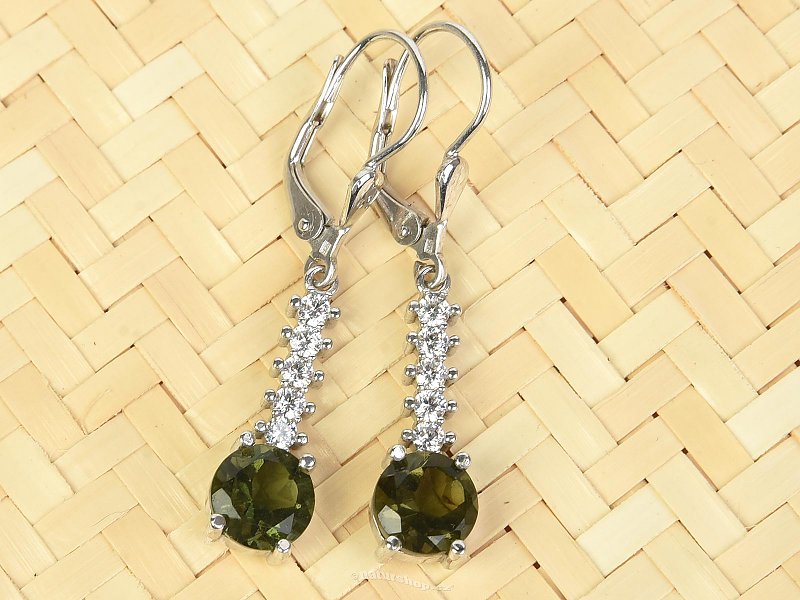 Moldavite and zirconia earrings round 7mm standard cut Ag 925/1000 + Rh