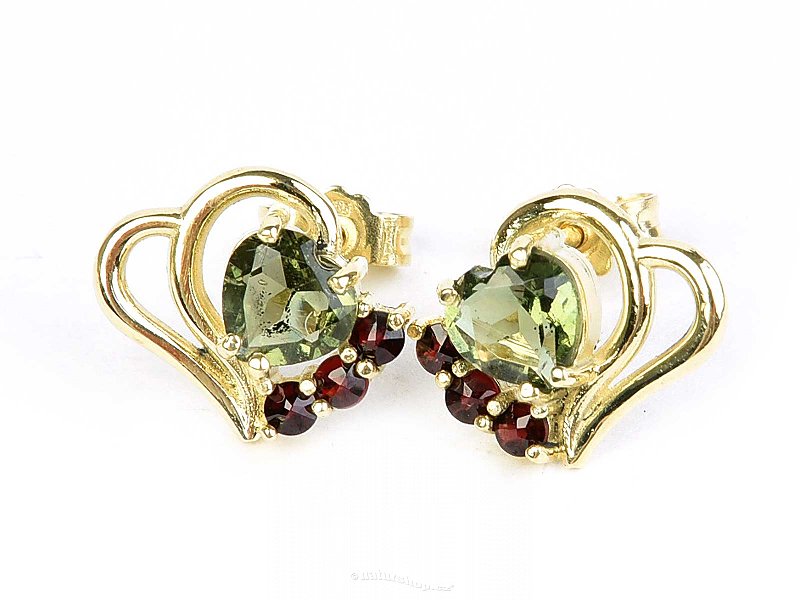 Moldavite and garnets earrings heart 5mm gold Au 585/1000 2,23g