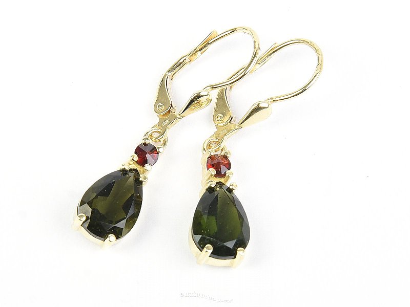Moldavite and garnet earrings drop 10x7mm gold Au 585/1000 14K 3.38g