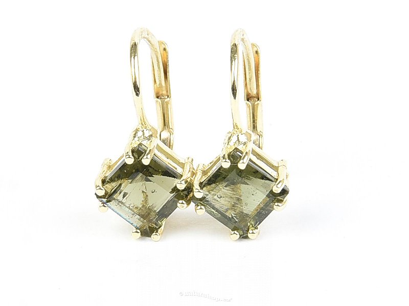 Gold earrings moldavite 6mm standard cut Au 585/1000 14K 2.16g