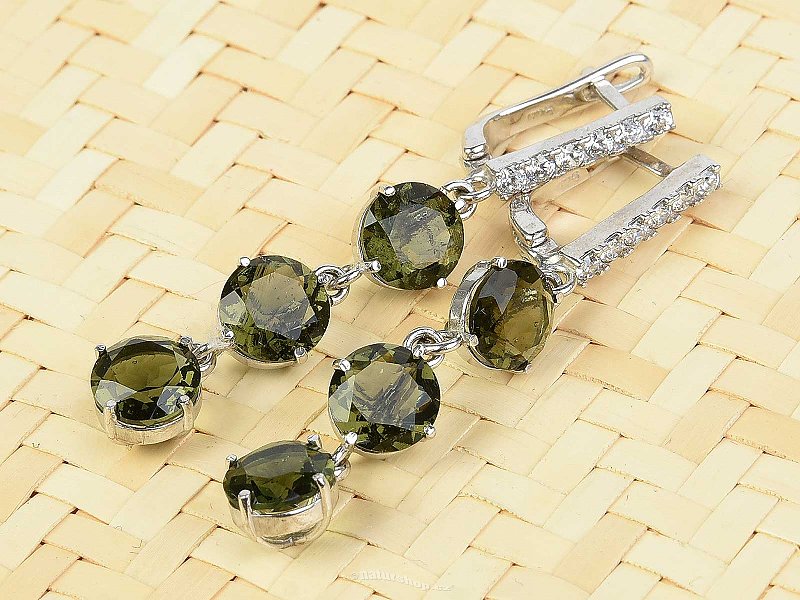 Pendant earrings moldavite 7mm and zircons Ag 925/1000 + Rh