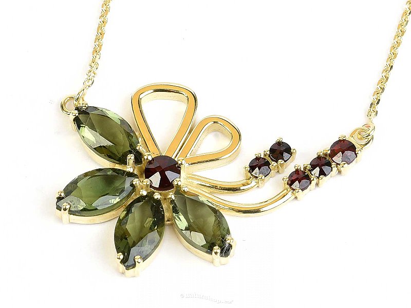 Necklace moldavite and garnets flower 45cm gold Au 585/1000 14K 8,92g
