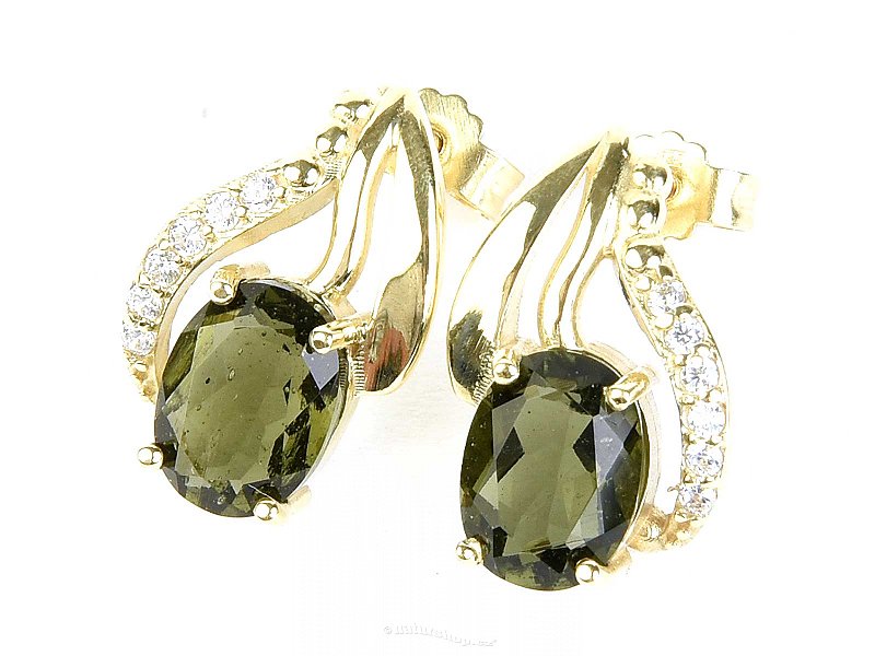 Gold moldavite earrings and zircons 8x6mm standard cut 14K Au 585/1000 3,41g