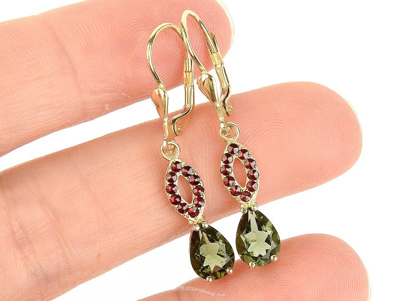 Moldavite earrings and garnet standard cut Au 585/1000 3.62g