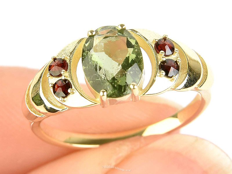 Ring with moldavite and garnets 14K Au 585/1000 3,22g size 54