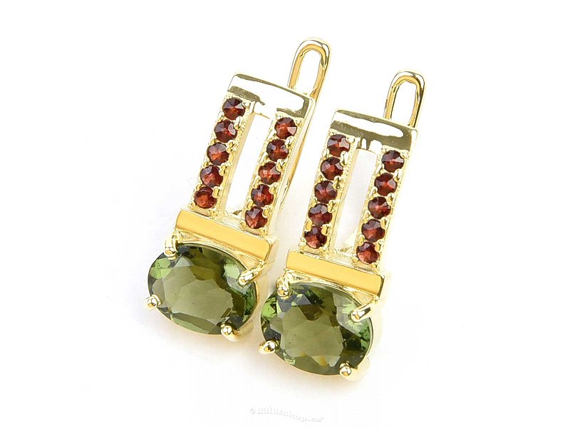 Moldavite earrings and garnets standard cut gold Au 585/1000 14K 5.82g