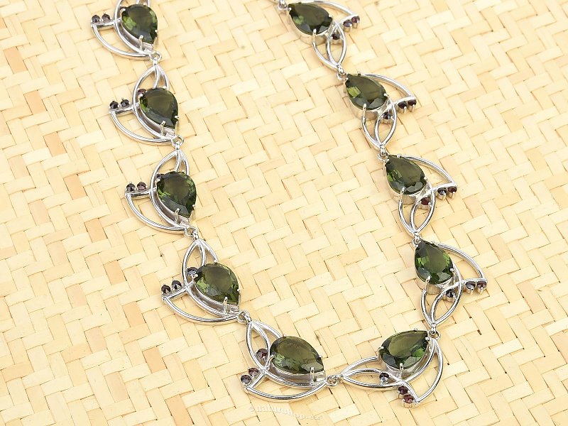 Moldavites and garnets luxury necklace 49cm Ag 925/1000 + Rh 49,1g