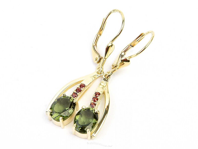 Drop earrings of moldavites and garnets standard cut gold Au 585/1000 14K 4.48g