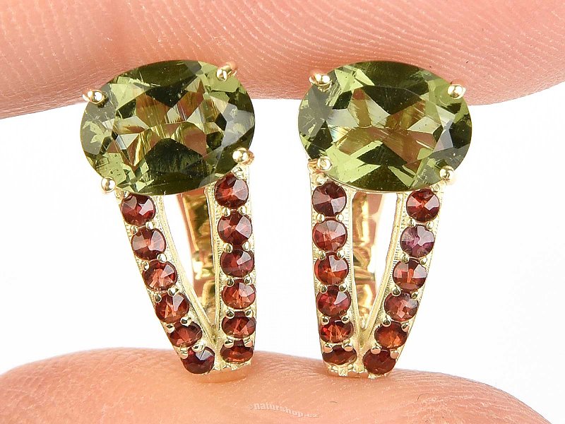 Moldavite earrings and garnets standard cut gold Au 585/1000 14K 3.77g