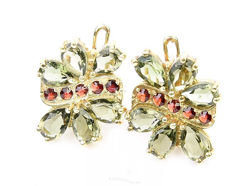 Moldavite earrings and garnet flower 6 x 4mm gold Au 585/1000 14K