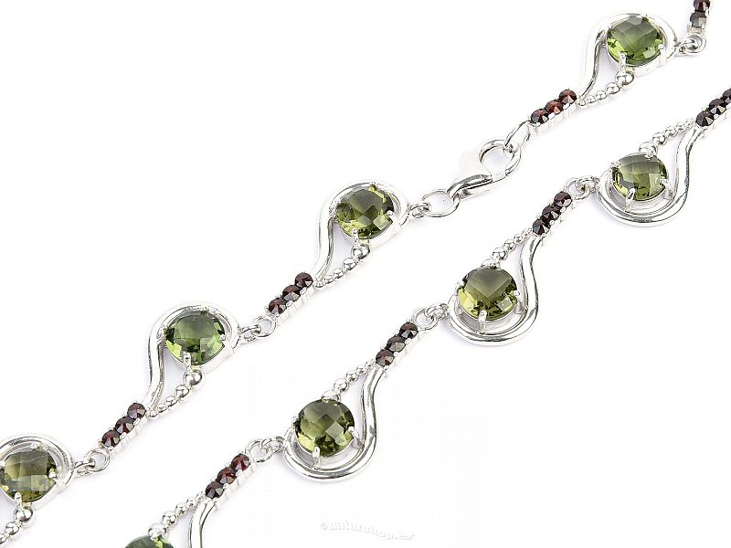 Luxury necklace moldavite and garnets cut Ag 925/1000 (49cm)