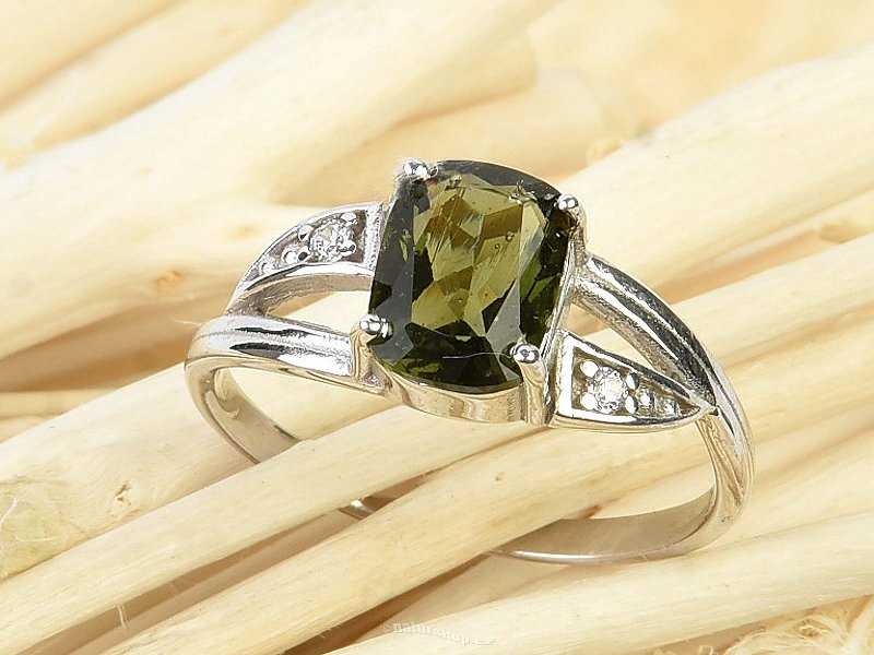 Vltavín stříbrný prsten zirkony Ag 925/1000 standard brus