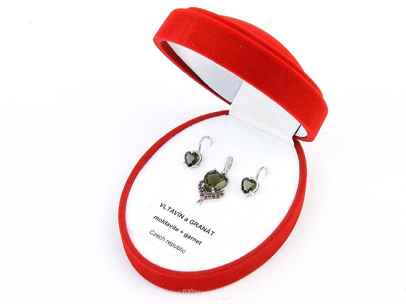 Moldavite and garnet heart gift set standard cut Ag 925/1000 + Rh