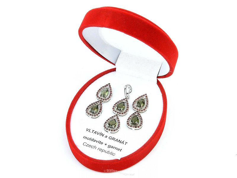 Gift luxury set of moldavite jewelry and garnets Ag 925/1000 + Rh standard cut