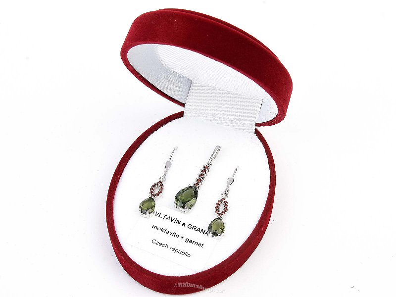 Exclusive jewelry set with moldavites and garnets Ag 925/1000 + Rh (standard cut)