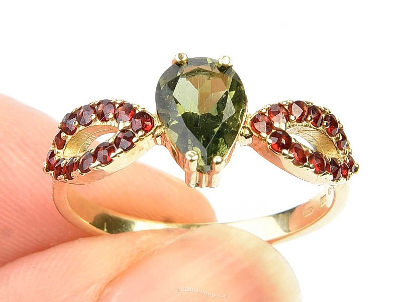 Moldavite and garnets gold ring size 56 standard cut 14K Au 585/100 3.26g