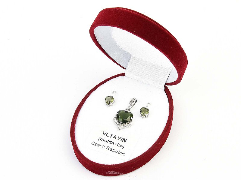 Vltavín a zirkony dárková sada šperků Ag 925/1000+Rh srdce standard brus