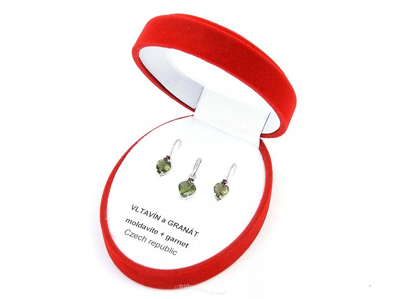 Moldavite and garnet gift set of jewelry standard cut Ag 925/1000 + Rh