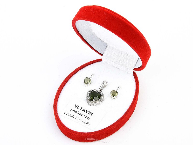 Moldavite set of heart jewelry standard cut Ag 925/1000 + Rh