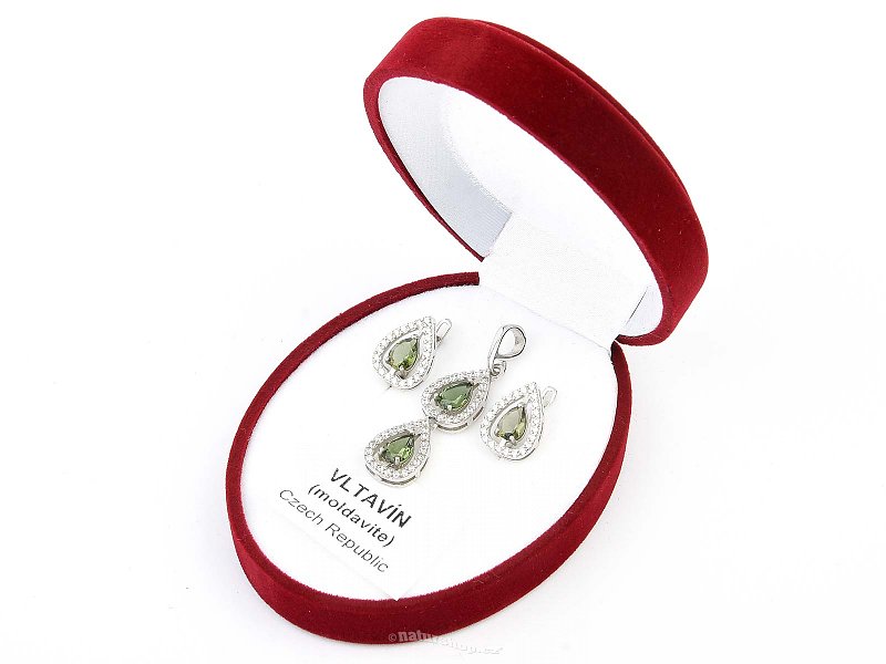 Moldavite and zircons luxury gift set drop standard cut Ag 925/1000 + Rh