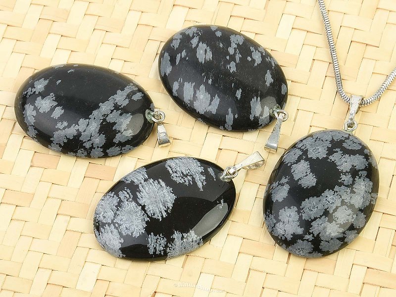 Obsidian flake larger pendant oval Ag handle