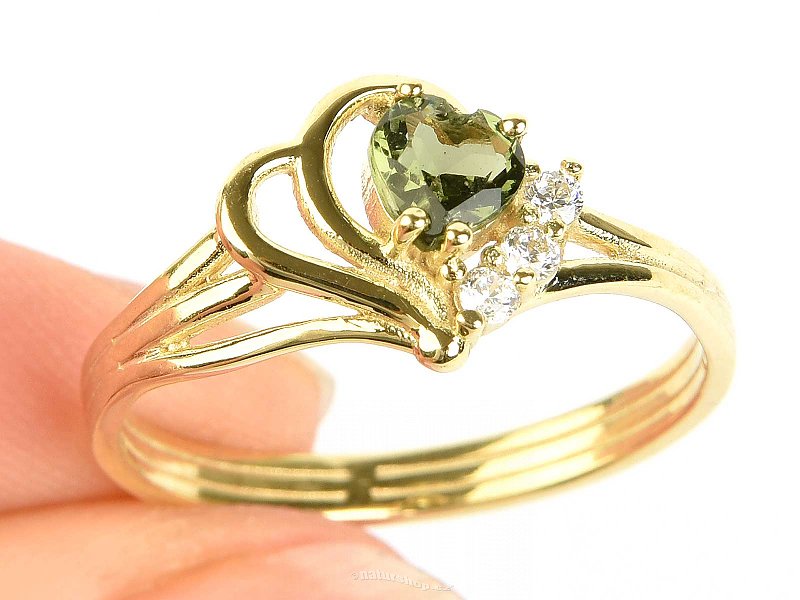 Zlatý prsten vltavín a zirkony srdce 5 x 5mm Au 585/1000 14K vel.62 (3,21g)