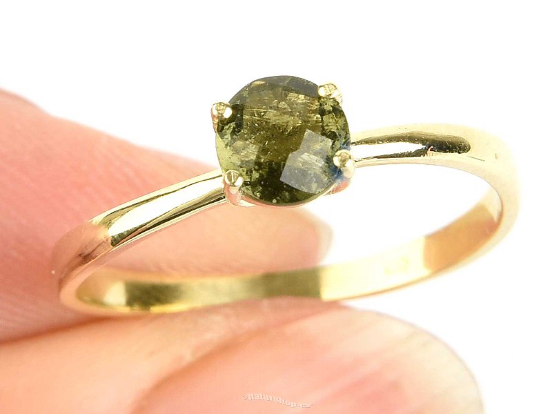 Moldavite round ring 5mm checker top cut gold Au 585/1000 14K size 54 (1.49g)