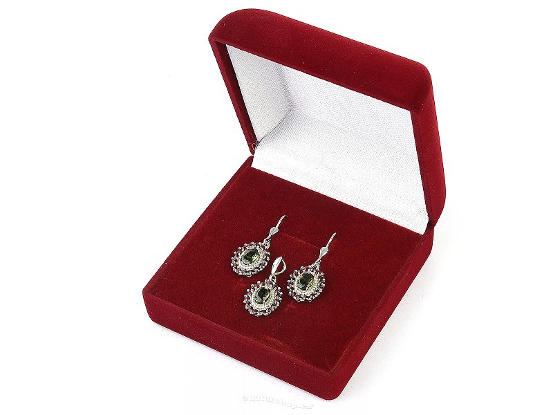 Moldavite and garnet set of earrings and pendant oval Ag 925/1000 + Rh (standard cut)