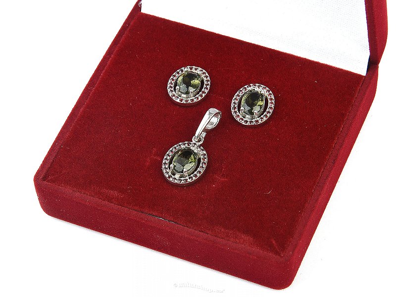 Luxusní sada šperků vltavín a granát Ag 925/1000+Rh standard brus