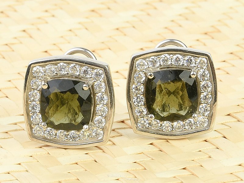 Earrings with moldavite and zircons square Ag 925/1000 standard cut 8.8g