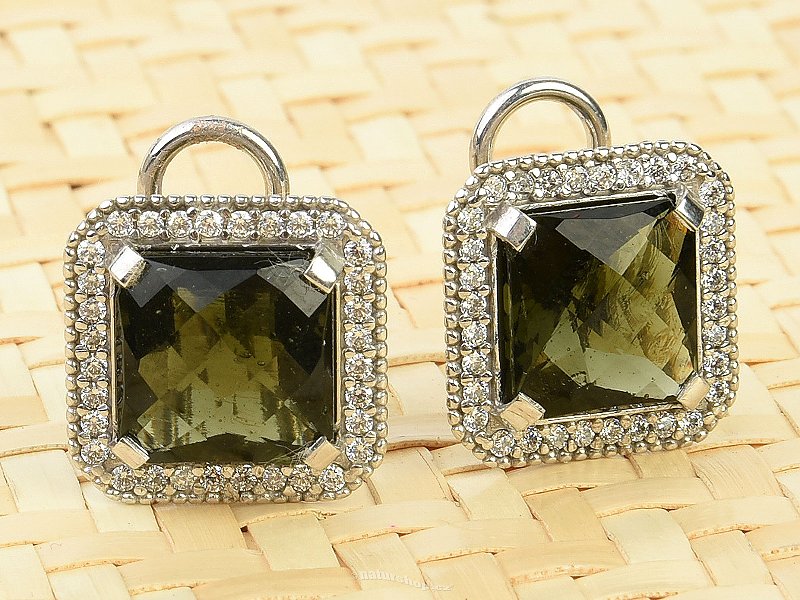 Moldavite and zircons square checker cut earrings Ag 925/1000 6.5g
