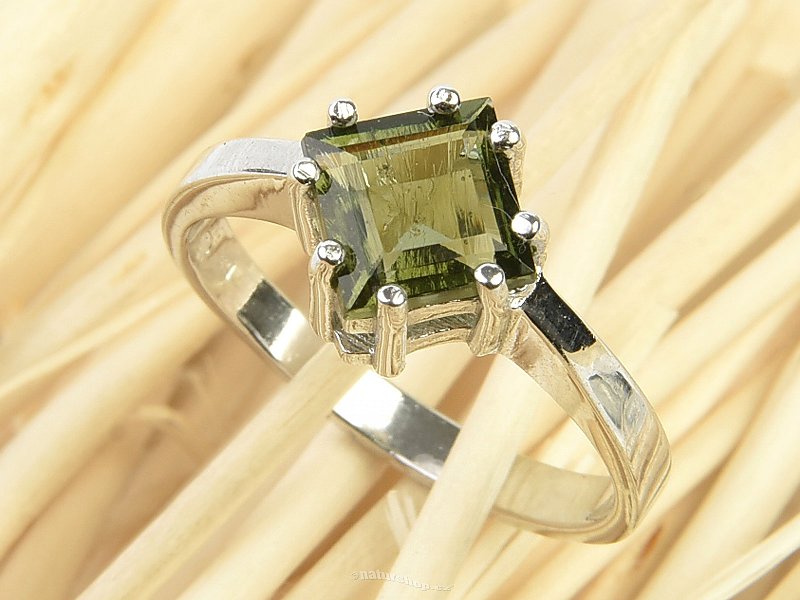 Moldavite ring 6mm diamond standard grind Ag 925/1000 + Rh