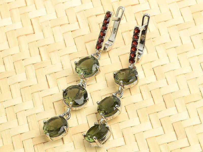 Moldavite earrings with garnets 8mm Ag 925/1000 + Rh
