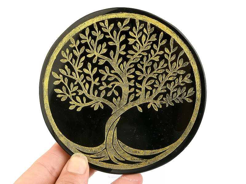 Zrcadlo obsidián strom života zlatá obruba cca 11,5cm
