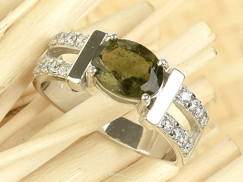 Vltavín se zirkony prsten ovál brus 8 x 6mm stříbro Ag 925/1000 + Rh