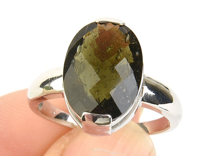 Moldavite ring large oval 16x11mm checker cut Ag 925/1000 + Rh