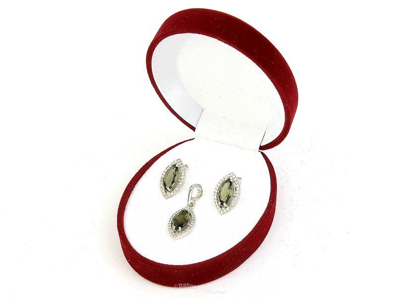 Vltavín a zirkony sada šperků ve tvaru mandle  Ag 925/1000+Rh
