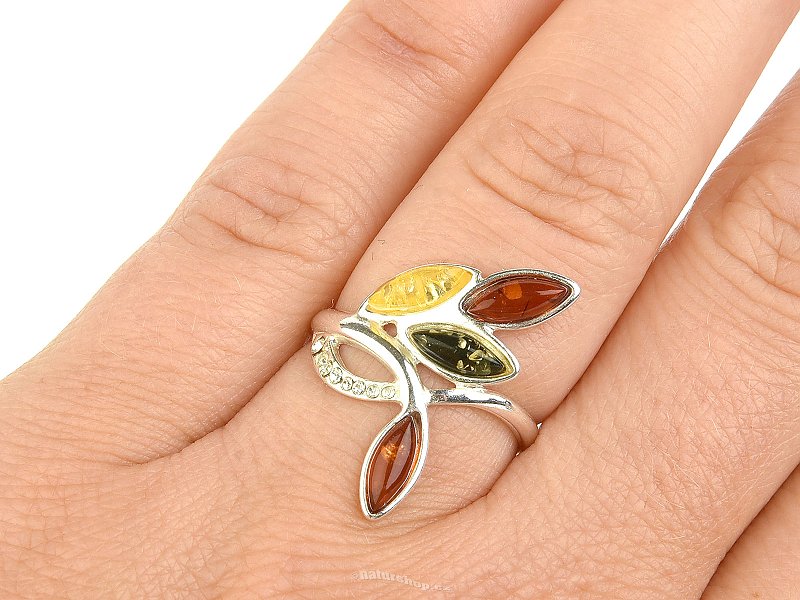Ring with amber leaves colored Ag 925/1000