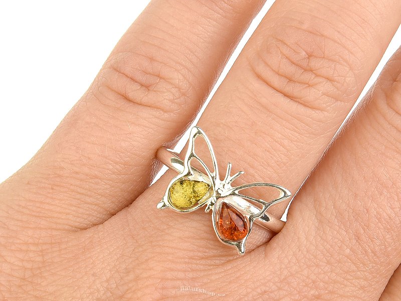 Ring honey amber + yellow butterfly Ag 925/1000 size 61 2.2g