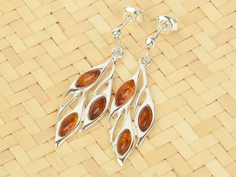 Silver amber earrings leaves Ag 925/1000