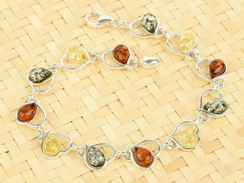Amber bracelet colored hearts Ag 925/1000 18.5cm