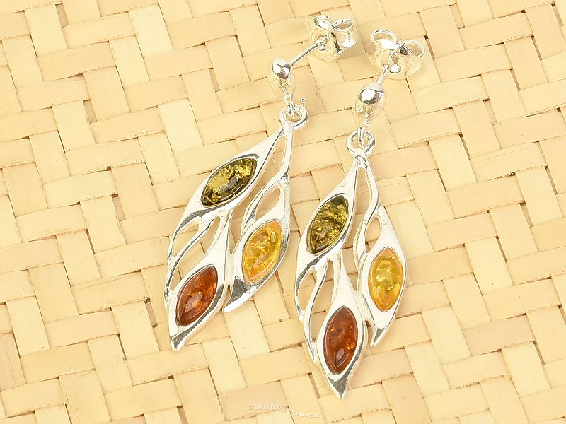 Amber earrings leaves of three colors Ag 925/1000