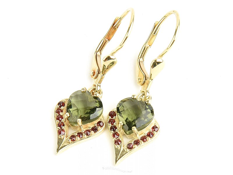 Moldavite checker cut heart + garnet earrings Au 585/1000 3.85g