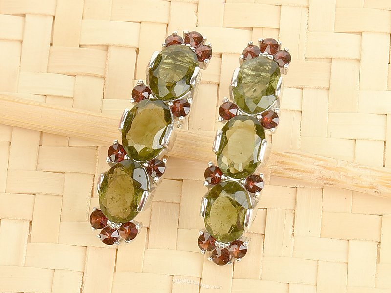 Moldavite + garnet earrings trio Ag 925/1000 + Rh