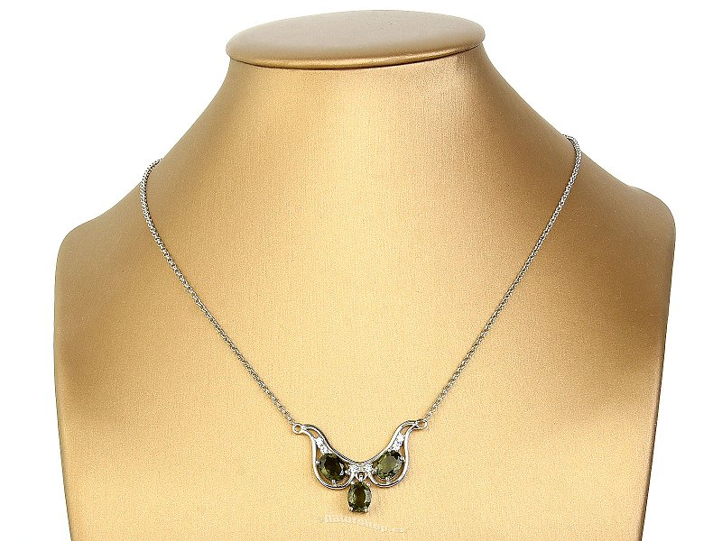 Moldavite + zircons oval necklace 8 x 6mm standard cut Ag 925/1000 +Rh (50cm)